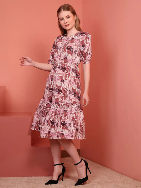 Onion Printed Puff Sleeve Crepe Fit & Flare Midi Dress with Round Neck, Short Sleeves, Gathered Details, and Flared Hemline