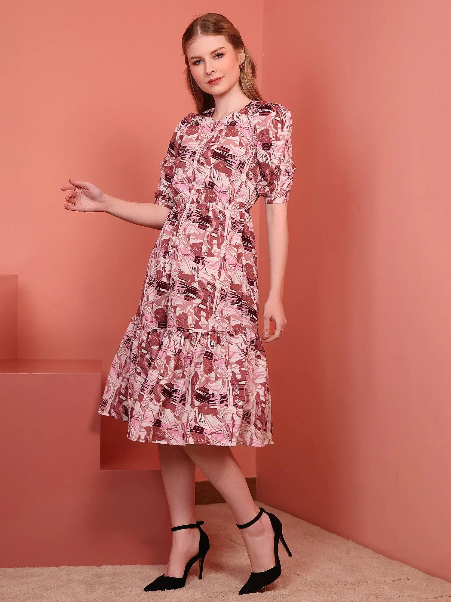 Onion Printed Puff Sleeve Crepe Fit & Flare Midi Dress with Round Neck, Short Sleeves, Gathered Details, and Flared Hemline Secondary image