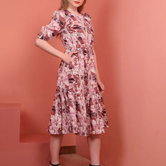 Onion Printed Puff Sleeve Crepe Fit & Flare Midi Dress with Round Neck, Short Sleeves, Gathered Details, and Flared Hemline