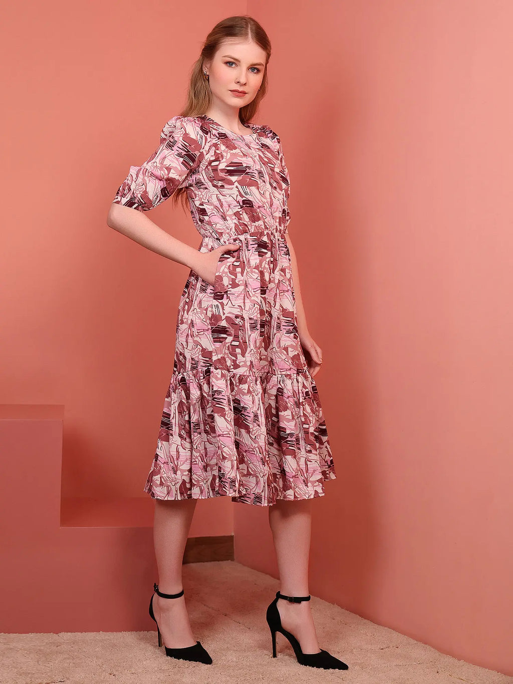 Onion Printed Puff Sleeve Crepe Fit & Flare Midi Dress with Round Neck, Short Sleeves, Gathered Details, and Flared Hemline