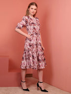 Onion Printed Puff Sleeve Crepe Fit & Flare Midi Dress with Round Neck, Short Sleeves, Gathered Details, and Flared Hemline
