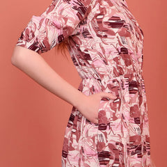 Onion Printed Puff Sleeve Crepe Fit & Flare Midi Dress with Round Neck, Short Sleeves, Gathered Details, and Flared Hemline
