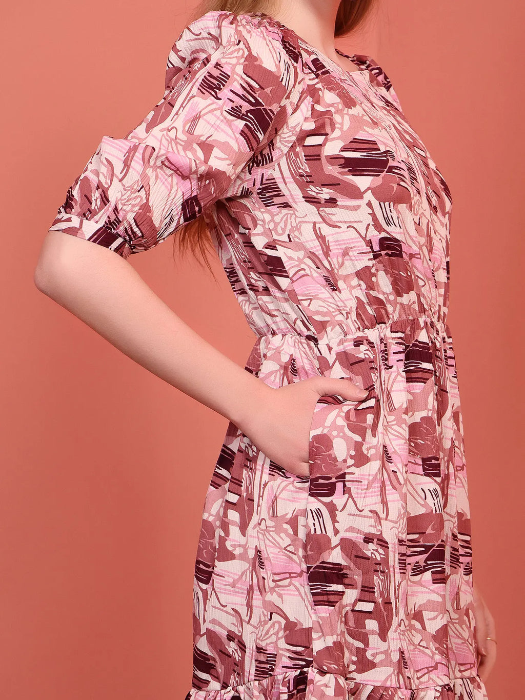 Onion Printed Puff Sleeve Crepe Fit & Flare Midi Dress with Round Neck, Short Sleeves, Gathered Details, and Flared Hemline