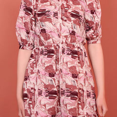 Onion Printed Puff Sleeve Crepe Fit & Flare Midi Dress with Round Neck, Short Sleeves, Gathered Details, and Flared Hemline