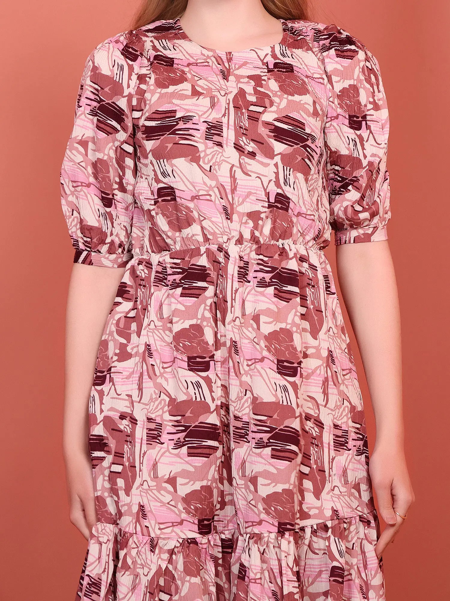 Onion Printed Puff Sleeve Crepe Fit & Flare Midi Dress with Round Neck, Short Sleeves, Gathered Details, and Flared Hemline