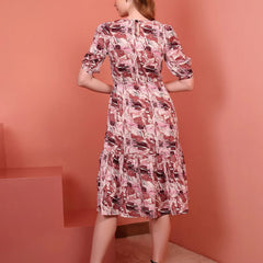 Onion Printed Puff Sleeve Crepe Fit & Flare Midi Dress with Round Neck, Short Sleeves, Gathered Details, and Flared Hemline