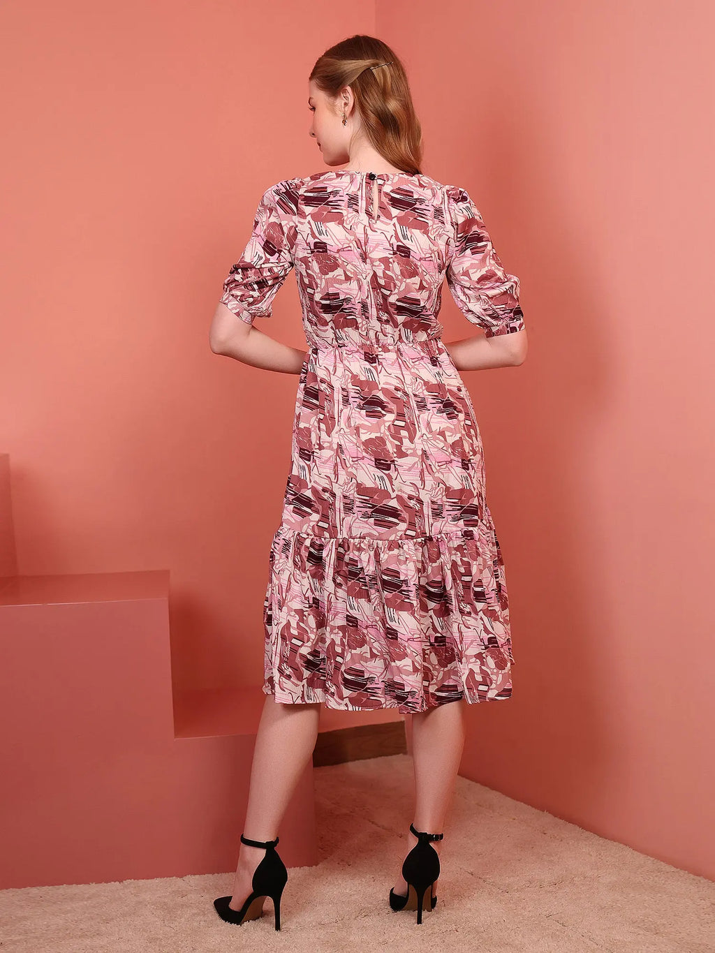 Onion Printed Puff Sleeve Crepe Fit & Flare Midi Dress with Round Neck, Short Sleeves, Gathered Details, and Flared Hemline
