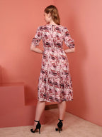 Onion Printed Puff Sleeve Crepe Fit & Flare Midi Dress with Round Neck, Short Sleeves, Gathered Details, and Flared Hemline