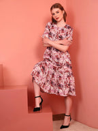 Onion Printed Puff Sleeve Crepe Fit & Flare Midi Dress with Round Neck, Short Sleeves, Gathered Details, and Flared Hemline