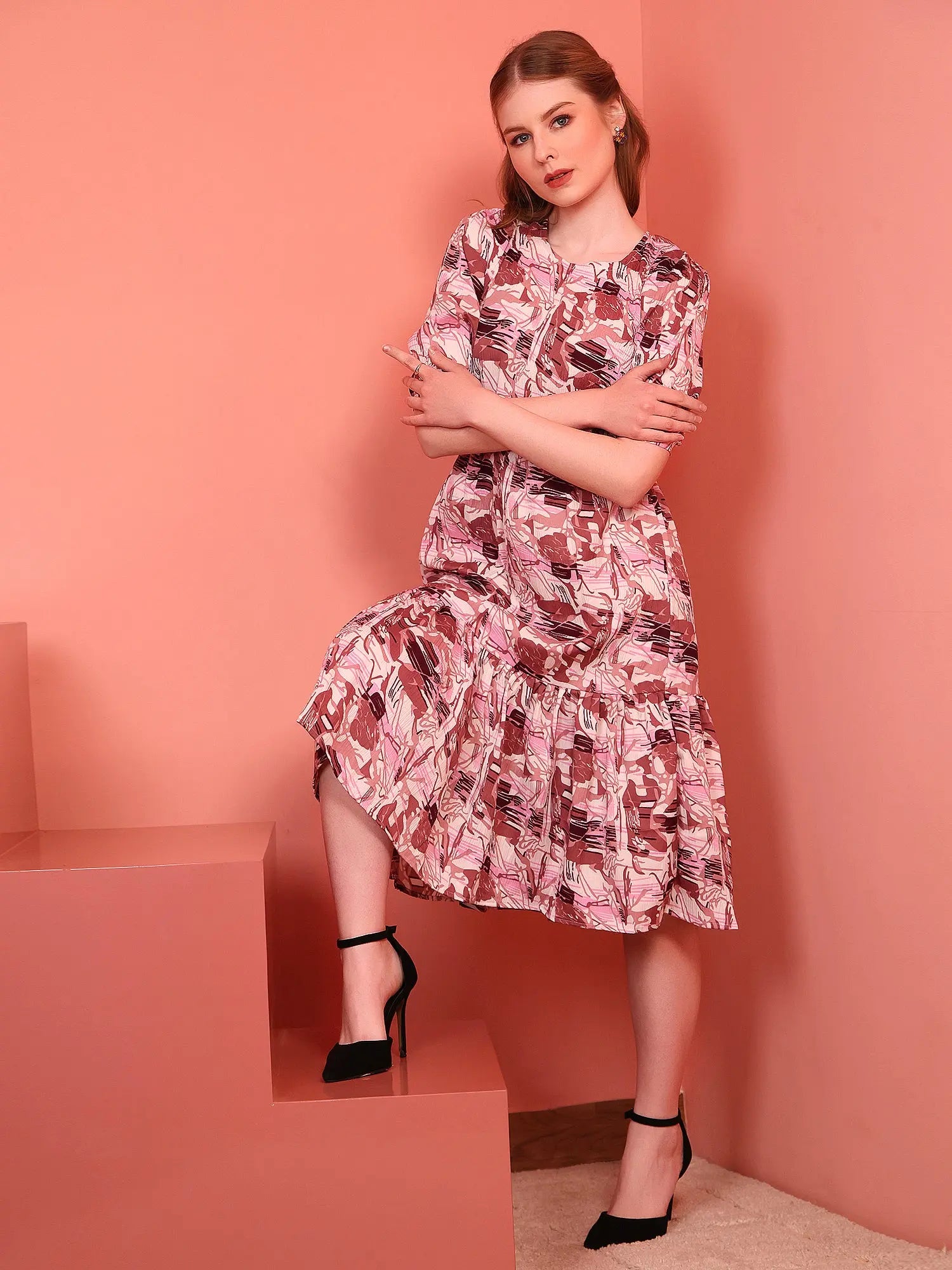 Onion Printed Puff Sleeve Crepe Fit & Flare Midi Dress with Round Neck, Short Sleeves, Gathered Details, and Flared Hemline