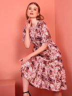 Onion Printed Puff Sleeve Crepe Fit & Flare Midi Dress with Round Neck, Short Sleeves, Gathered Details, and Flared Hemline