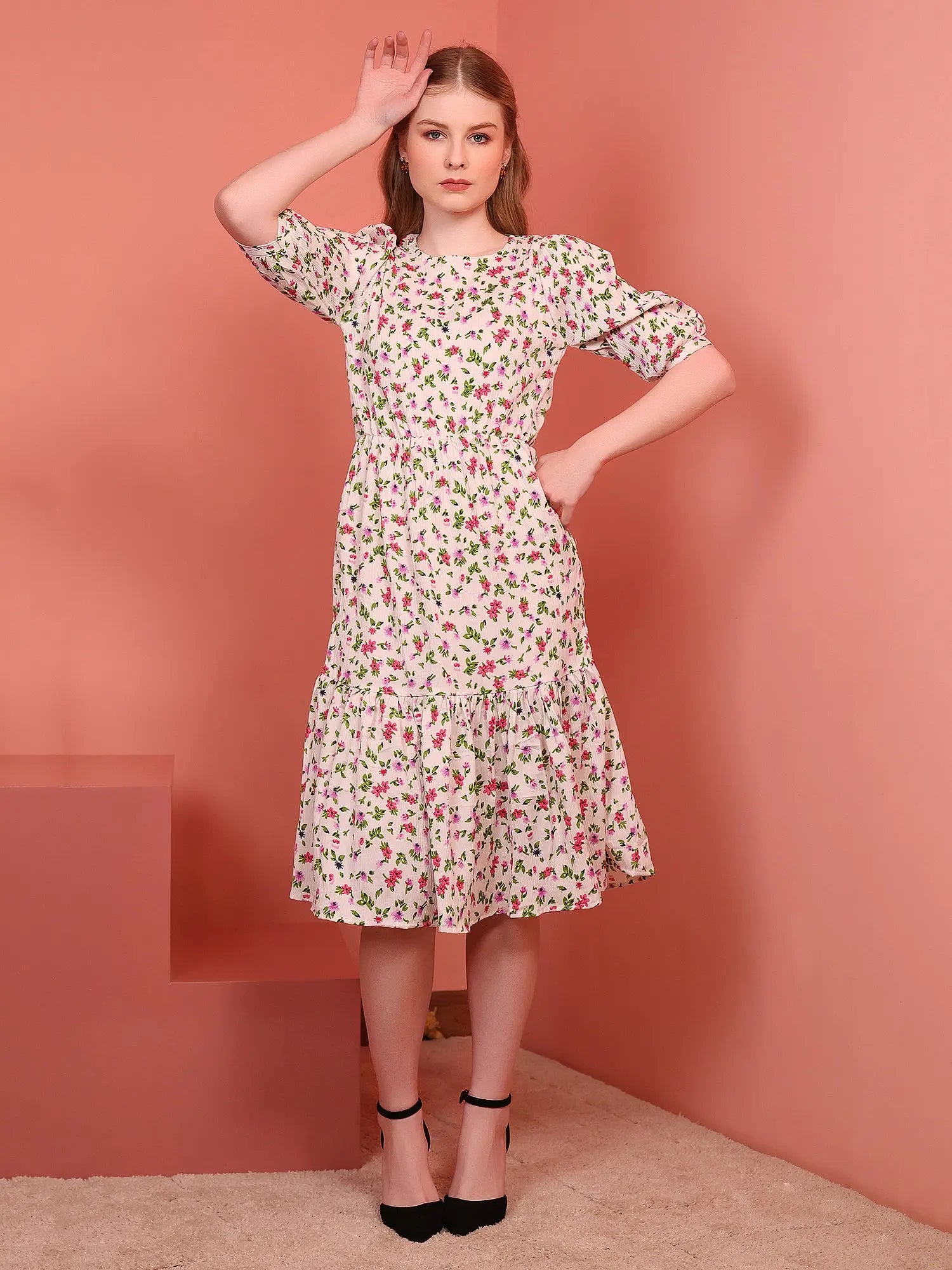 Cream Printed Puff Sleeve Crepe Fit & Flare Midi Dress with Round Neck, Short Sleeves, Gathered Details, and Flared Hemline Secondary image