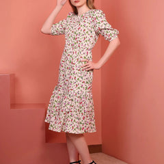 Cream Printed Puff Sleeve Crepe Fit & Flare Midi Dress with Round Neck, Short Sleeves, Gathered Details, and Flared Hemline