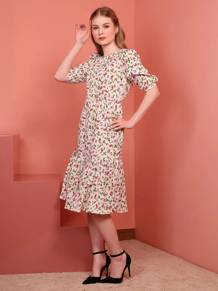 Cream Printed Puff Sleeve Crepe Fit & Flare Midi Dress with Round Neck, Short Sleeves, Gathered Details, and Flared Hemline