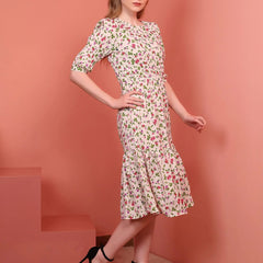 Cream Printed Puff Sleeve Crepe Fit & Flare Midi Dress with Round Neck, Short Sleeves, Gathered Details, and Flared Hemline
