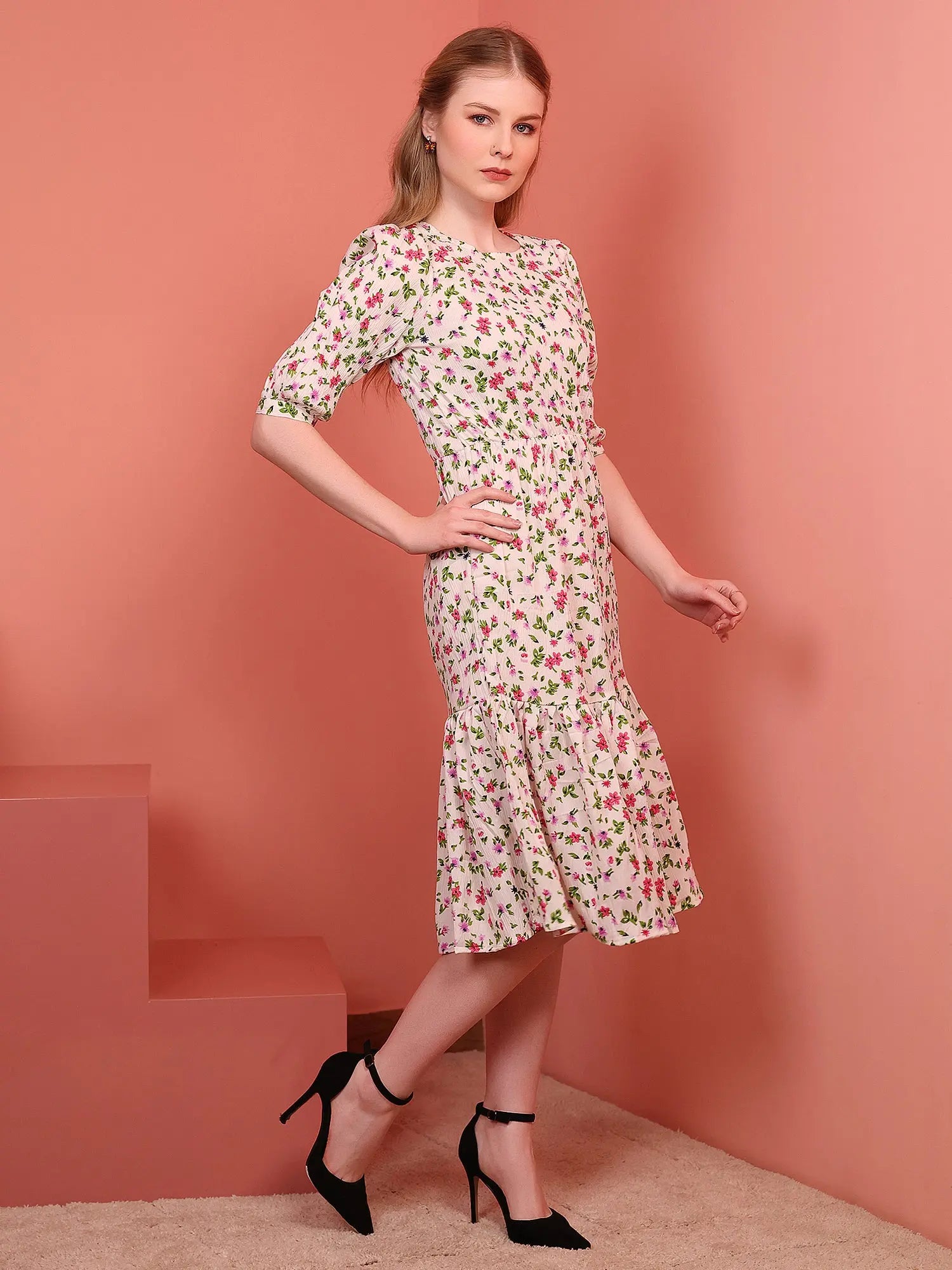 Cream Printed Puff Sleeve Crepe Fit & Flare Midi Dress with Round Neck, Short Sleeves, Gathered Details, and Flared Hemline