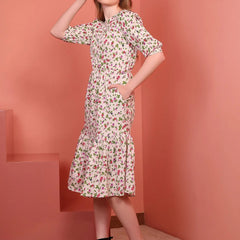 Cream Printed Puff Sleeve Crepe Fit & Flare Midi Dress with Round Neck, Short Sleeves, Gathered Details, and Flared Hemline