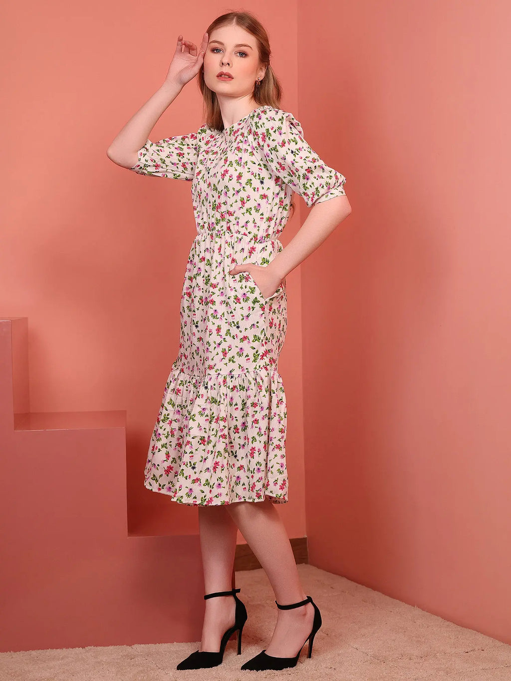 Cream Printed Puff Sleeve Crepe Fit & Flare Midi Dress with Round Neck, Short Sleeves, Gathered Details, and Flared Hemline