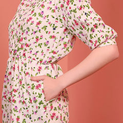 Cream Printed Puff Sleeve Crepe Fit & Flare Midi Dress with Round Neck, Short Sleeves, Gathered Details, and Flared Hemline