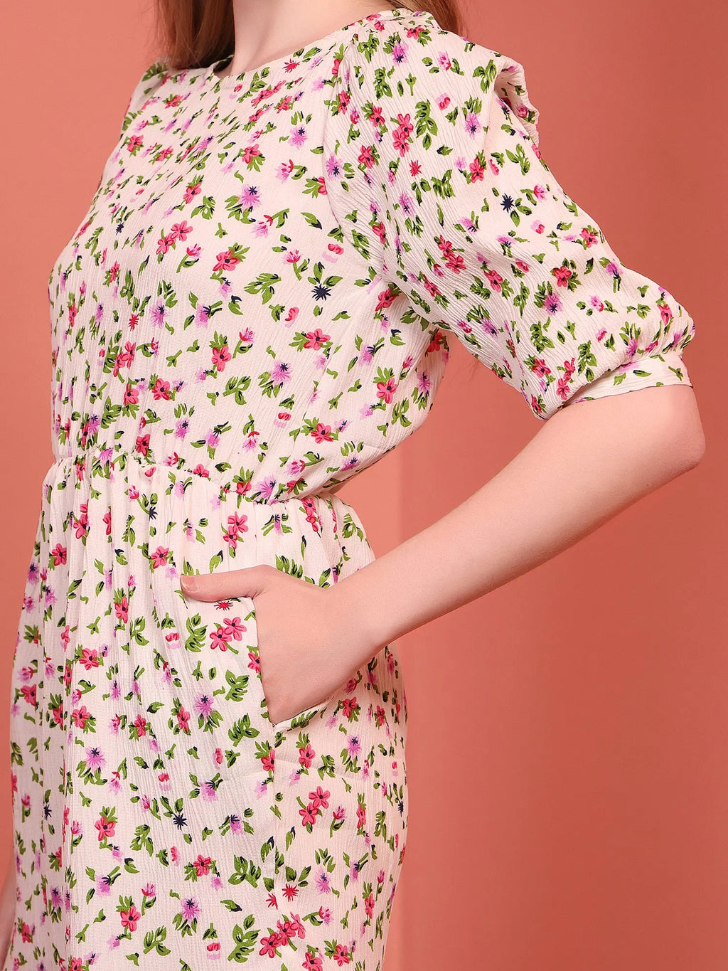 Cream Printed Puff Sleeve Crepe Fit & Flare Midi Dress with Round Neck, Short Sleeves, Gathered Details, and Flared Hemline