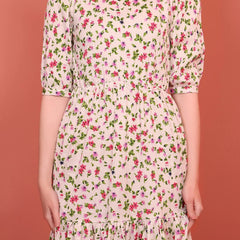 Cream Printed Puff Sleeve Crepe Fit & Flare Midi Dress with Round Neck, Short Sleeves, Gathered Details, and Flared Hemline