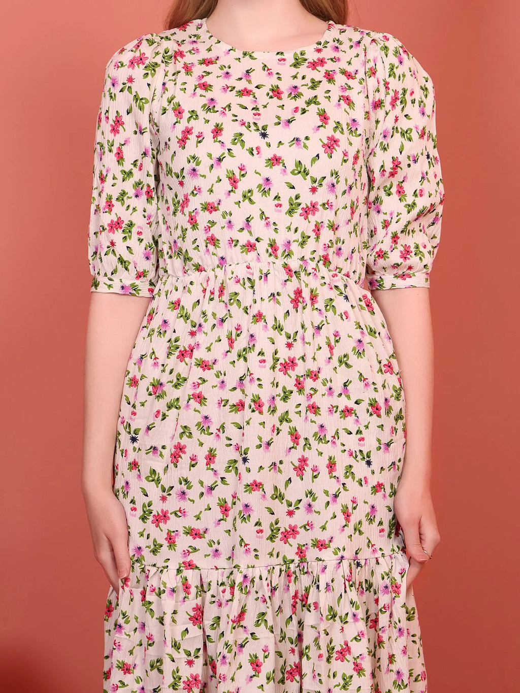 Cream Printed Puff Sleeve Crepe Fit & Flare Midi Dress with Round Neck, Short Sleeves, Gathered Details, and Flared Hemline