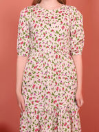 Cream Printed Puff Sleeve Crepe Fit & Flare Midi Dress with Round Neck, Short Sleeves, Gathered Details, and Flared Hemline