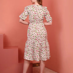 Cream Printed Puff Sleeve Crepe Fit & Flare Midi Dress with Round Neck, Short Sleeves, Gathered Details, and Flared Hemline