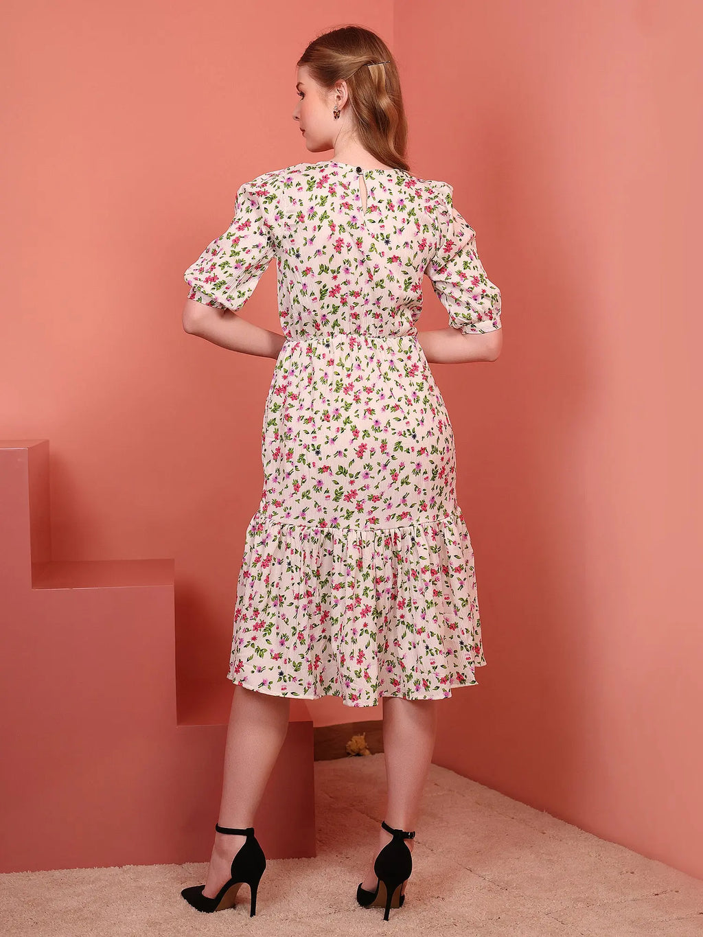 Cream Printed Puff Sleeve Crepe Fit & Flare Midi Dress with Round Neck, Short Sleeves, Gathered Details, and Flared Hemline