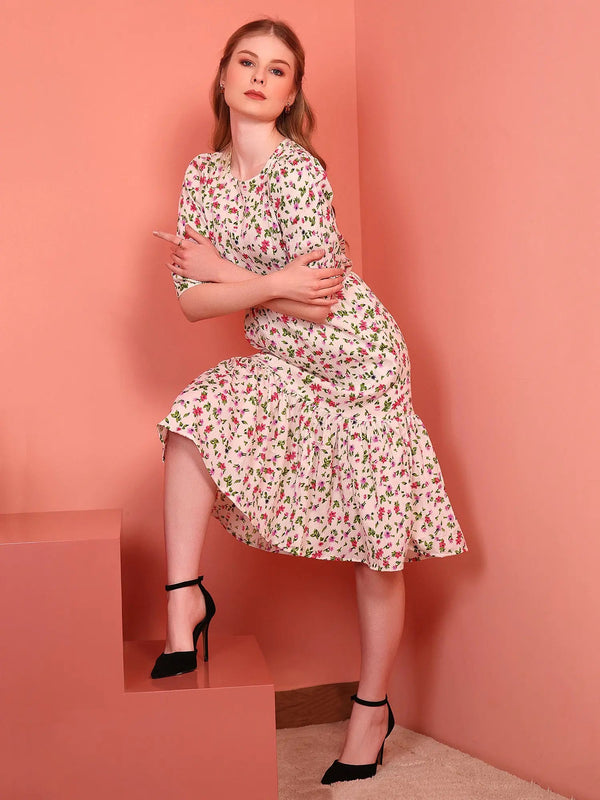 Cream Printed Puff Sleeve Crepe Fit & Flare Midi Dress with Round Neck, Short Sleeves, Gathered Details, and Flared Hemline