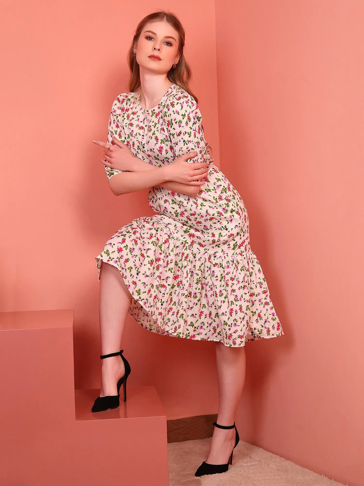 Cream Printed Puff Sleeve Crepe Fit & Flare Midi Dress with Round Neck, Short Sleeves, Gathered Details, and Flared Hemline Main image