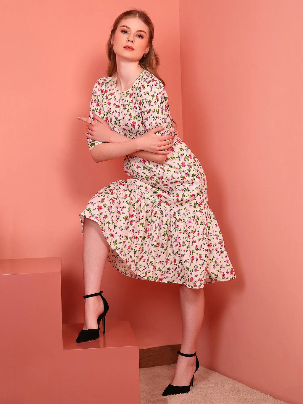 Cream Printed Puff Sleeve Crepe Fit & Flare Midi Dress with Round Neck, Short Sleeves, Gathered Details, and Flared Hemline