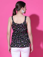 Black Floral Print Strappy Sleeveless Peplum Top for Women