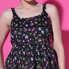 Black Floral Print Strappy Sleeveless Peplum Top for Women