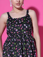 Black Floral Print Strappy Sleeveless Peplum Top for Women