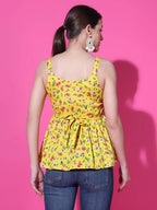 Mustard Floral Print Strappy Sleeveless Peplum Top for Women