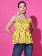 Mustard Floral Print Strappy Sleeveless Peplum Top for Women