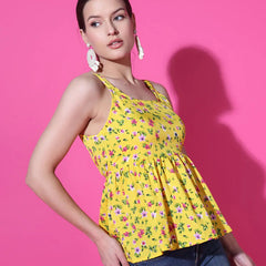 Mustard Floral Print Strappy Sleeveless Peplum Top for Women