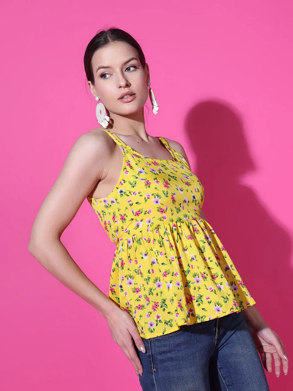 Mustard Floral Print Strappy Sleeveless Peplum Top for Women