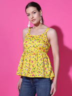 Mustard Floral Print Strappy Sleeveless Peplum Top for Women