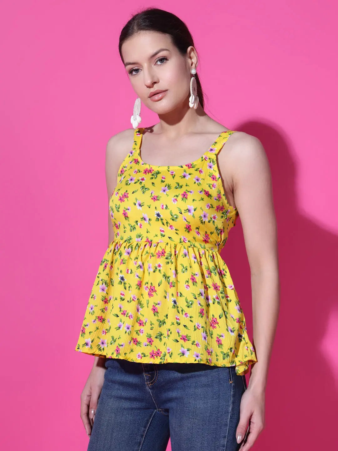 Mustard Floral Print Strappy Sleeveless Peplum Top for Women