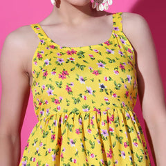 Mustard Floral Print Strappy Sleeveless Peplum Top for Women