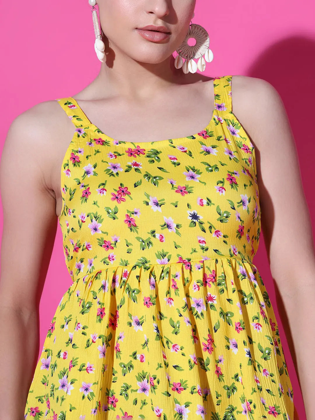 Mustard Floral Print Strappy Sleeveless Peplum Top for Women