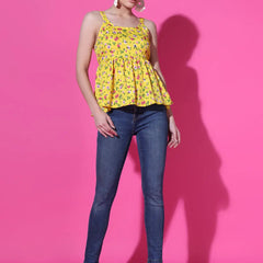 Mustard Floral Print Strappy Sleeveless Peplum Top for Women