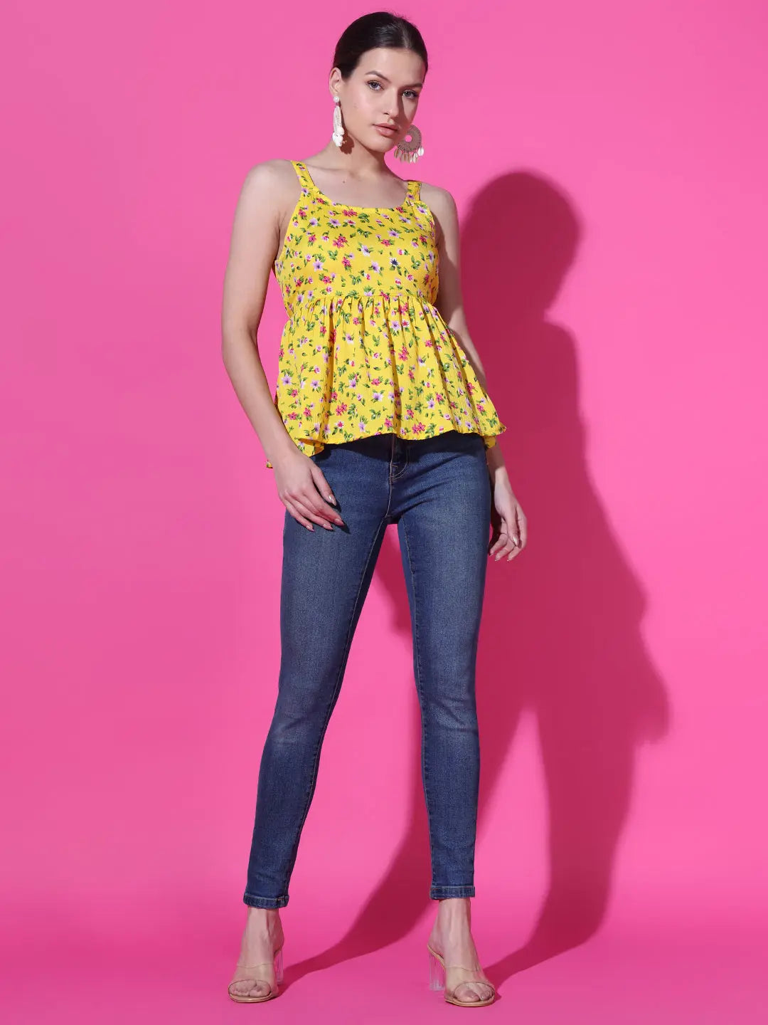 Mustard Floral Print Strappy Sleeveless Peplum Top for Women
