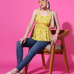Mustard Floral Print Strappy Sleeveless Peplum Top for Women