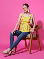 Mustard Floral Print Strappy Sleeveless Peplum Top for Women