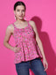 French Pink Floral Print Strappy Sleeveless Peplum Top for Women