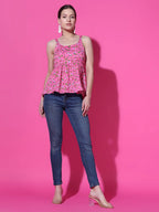 French Pink Floral Print Strappy Sleeveless Peplum Top for Women