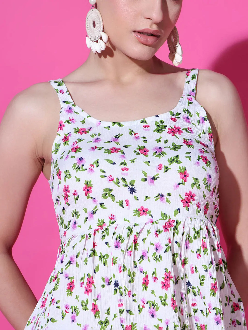 Cream Floral Print Strappy Sleeveless Peplum Top for Women